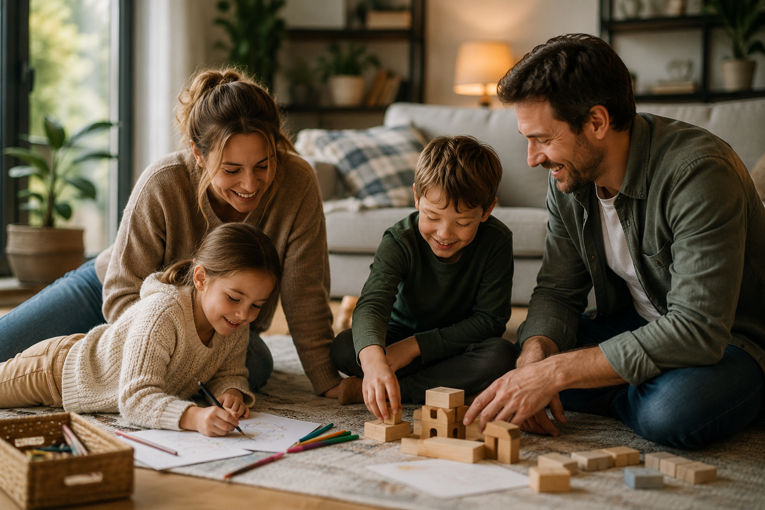 Parent and child talking together in a calm and supportive home environment