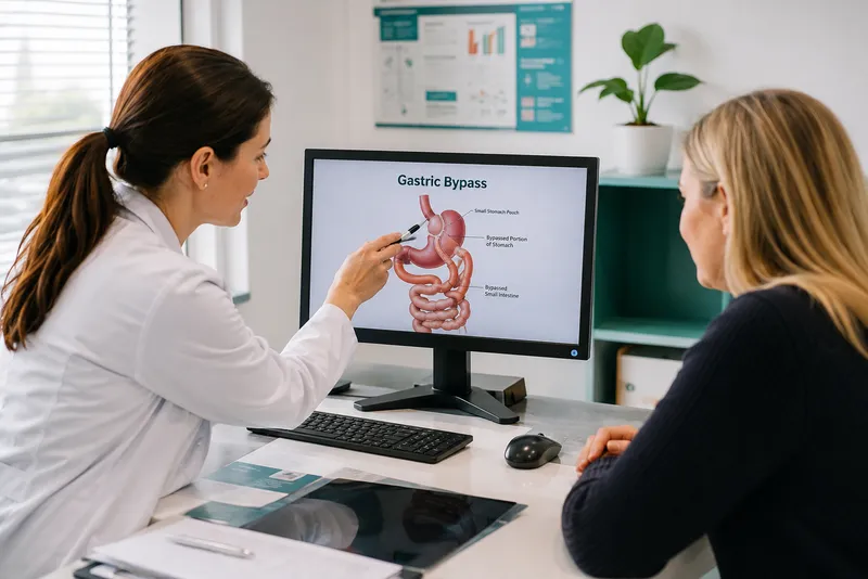 Bariatric specialist explaining Roux-en-Y gastric bypass surgery